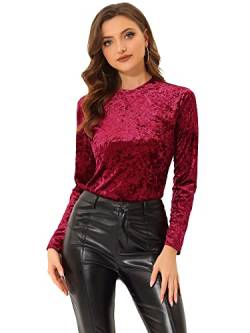 Allegra K Damen Langarm Rundhalsausschnitt Lässig Samt T-Shirt Top Bluse Burgund L von Allegra K