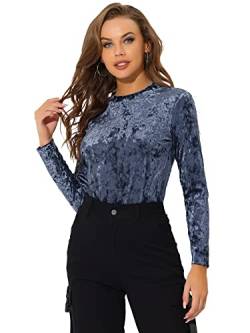 Allegra K Damen Langarm Rundhalsausschnitt Lässig Samt T-Shirt Top Bluse Grau Blau XL von Allegra K