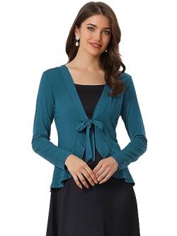 Allegra K Damen Langarm Strickjacke Crop Shrug Volant Krawatte Offen Elegantes Cardigan Blau Grün S von Allegra K