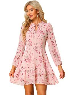 Allegra K Damen Langarm Stufenkleid Sommer Blumen V-Ausschnitt Halbtransparent Chiffon Minikleid Kleid Rosa L von Allegra K