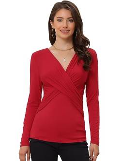 Allegra K Damen Langarm Top V-Ausschnitt Lässig Überkreuzt Vorderseit T-Shirts Bluse rot XS von Allegra K