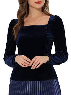 Allegra K Damen Langarm Velvet Oberteil Party Square Neck Samt Bluse Dunkel Blau L von Allegra K