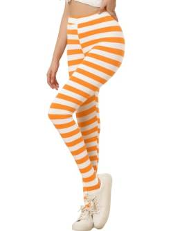 Allegra K Damen Leggings Gedruckt Hohe Taille Elastischer Bund Party Yoga Halloween Steigbügelhose, Orange Weiß gestreift, M von Allegra K