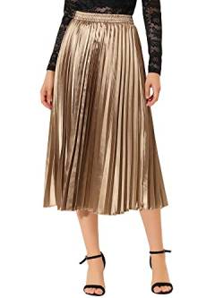 Allegra K Damen Maxi Faltenrock Hohe Taille Plisseerock A-Linie Elastisch Swing Eleganter Rock Goldbraun XL von Allegra K