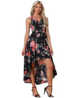 Allegra K Damen Maxikleid Casual V-Ausschnitt Boho Blumen Gürtel Ärmellos Lange Sommerkleid Schwarz M von Allegra K