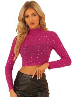 Allegra K Damen Mesh Oberteil Langarmshirt Eng Stehkragen Durchsichtig Glitzer Stern Crop Top Rosa L von Allegra K