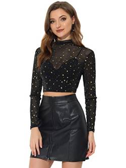 Allegra K Damen Mesh Oberteil Langarmshirt Eng Stehkragen Durchsichtig Glitzer Stern Crop Top Schwarz L von Allegra K