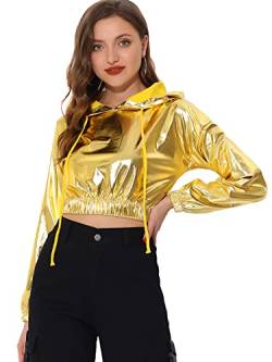 Allegra K Damen Metallic Hoodie Oberteil Langarm Holografische Glitzer Crop Bluse Shirt Gold L von Allegra K