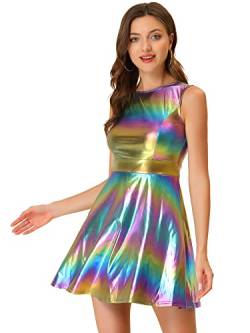 Allegra K Damen Metallic ärmelloses Rundhals hohe Taille holografisches Flare Kleid, Blau / Violett, 34 von Allegra K