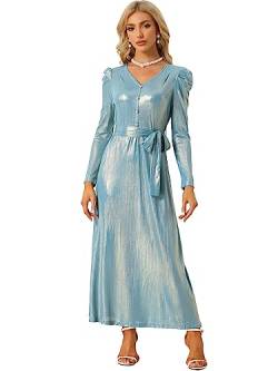 Allegra K Damen Midikleid Langarm Party Vintage V-Ausschnitt Gürtel Metallic Glänzend Kleid Hellblau L von Allegra K