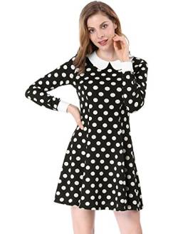 Allegra K Damen Minikleid Langarm A-Linie Bubikragen Polka Dots Elegant Party Kleid Schwarz L von Allegra K