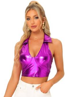 Allegra K Damen Neckholder Top Ärmellos Glitzer Metallic Oberteil Glänzende Party Crop Top Schwarz Lila M von Allegra K