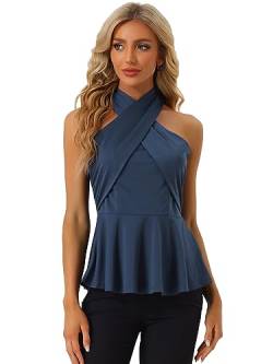 Allegra K Damen Oberteil Ärmellos Gerüscht Neckholder Schößchen Tank Top Volant Bluse Dunkelblau XS von Allegra K