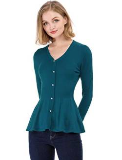 Allegra K Damen Oberteil Langarm V-Ausschnitt Peplum Knopfleiste Strick Top Bluse Blau Grün L von Allegra K