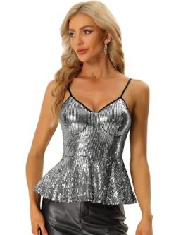 Allegra K Damen Pailletten Cami Top Spaghettiträger V-Ausschnitt Sparkle Rüschen Peplum Bluse Schwarz S von Allegra K