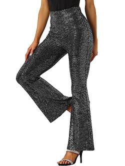 Allegra K Damen Pailletten Hose Glitzernde Stretch Lang Schlag Hose Silber Schwarz M von Allegra K