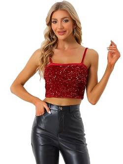 Allegra K Damen Pailletten Oberteil Ärmellos Tanktop Spaghettiträger Glitzer Cami Party Crop Top Rot M von Allegra K