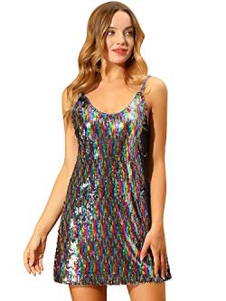 Allegra K Damen Paillettenkleid Ärmellos V-Ausschnitt Party Spaghetti Trägerkleid Glitzer Metallic Minikleid Regenbogen S von Allegra K