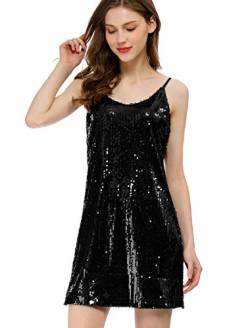 Allegra K Damen Paillettenkleid Ärmellos V-Ausschnitt Party Spaghetti Trägerkleid Glitzer Metallic Minikleid Schwarz S von Allegra K