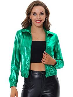 Allegra K Damen Party Blouson Langarm Reißverschluss Club Holographic Metallic Jacke Grün XS von Allegra K