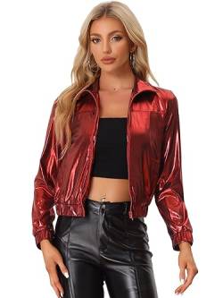 Allegra K Damen Party Blouson Langarm Reißverschluss Club Holographic Metallic Jacke Schwarz L von Allegra K