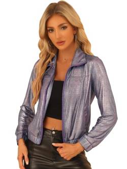 Allegra K Damen Party Blouson Langarm Reißverschluss Club Holographic Metallic Jacke Violett Mehrfarbig XS von Allegra K