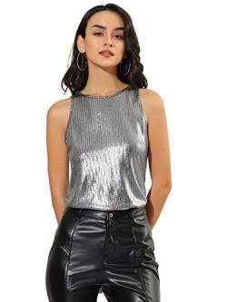 Allegra K Damen Party Glänzend Ärmellos Camisole Club Shimmer Metallic Tank Top, dunkles silber, Mittel von Allegra K