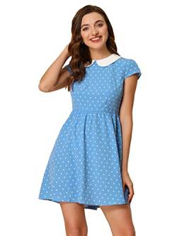 Allegra K Damen Peter Pan Kragen Kurzarm Kontrast A-Linie Polka Dots Kleid, Hell, blau, Mittel von Allegra K