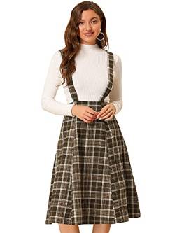 Allegra K Damen Plaid Overall Kleid Hohe Taille A-Linie Tartan Strapse Midi Rock, Braunes Plaid, X-Groß von Allegra K