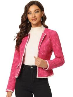 Allegra K Damen Plaid Tweed Blazer Langarm Offene Vorderseite Arbeit Büro Kurze Jacke, Knallpink (Hot Pink), XS von Allegra K