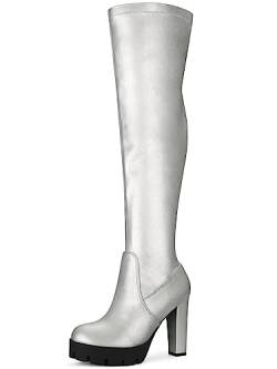 Allegra K Damen-Plateau-Heels mit klobigem Absatz über kniehohen Stiefeln Silber 37 von Allegra K