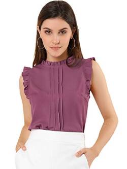 Allegra K Damen Plissee Oberteil Ärmellos Shirt Rundhals Elegante Rüschen Top Bluse Dunkelviolett XS von Allegra K