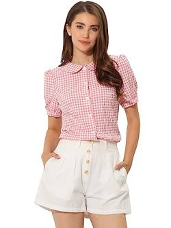 Allegra K Damen Puffärmeln Bubikragen Knopfleiste Vintage Gingham Kariert Hemd Top Bluse Rosa XS von Allegra K