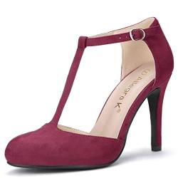 Allegra K Damen Pumps mit Abgerundeter Spitze und Stilettoabsatz mit T-Riemen Burgundy 41 von Allegra K