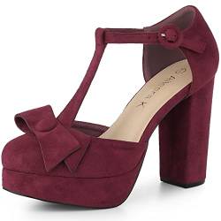 Allegra K Damen-Pumps mit runder Zehenpartie und Blockabsatz und T-Riemchen Burgund 37.5 von Allegra K