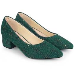 Allegra K Damen Pumps mit spitzem Zehenbereich, Tweed, kariert, gestrickt, bedruckt, klobige Absätze, Grün , 39 EU von Allegra K