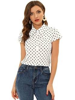 Allegra K Damen Punkte Oberteil Stehkragen Vintage Polka Dots Punkte Kurzarm Shirt Bluse Weiß XL von Allegra K
