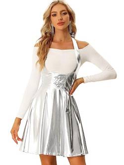 Allegra K Damen Röcke Metallic Overalls Hoher Taille Party A-Linie Hosenträgerrock Rock Silber M von Allegra K