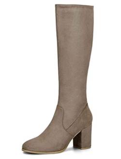 Allegra K Damen Round Toe Reißverschluss Blockabsatz Kniehohe Boots Stiefel Taupe 40 von Allegra K