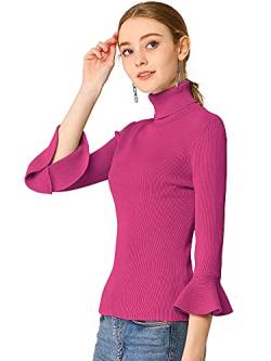 Allegra K Damen Rüschen Langarm Rollkragenpullover Pullover Stretchy Knit Slim Fit Sweatshirt, rosarot, Mittel von Allegra K