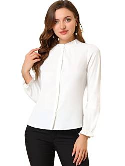 Allegra K Damen Rüschen Oberteil Puffärmel Stehkragen Knopfleiste Elegante Volant Solide Chiffon Bluse Weiß S von Allegra K