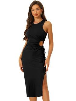 Allegra K Damen Rüschen Strickkleid Cut Out Taille Rundhals Ärmellose Maxikleider Schwarz XL von Allegra K