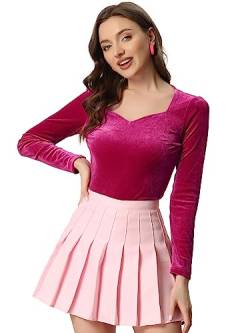 Allegra K Damen Samt Oberteil Langarm Herzausschnitt Elegantes T-Shirt Velvet Top Bluse Rosa XL von Allegra K