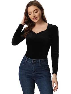 Allegra K Damen Samt Oberteil Langarm Herzausschnitt Elegantes T-Shirt Velvet Top Bluse Schwarz XS von Allegra K