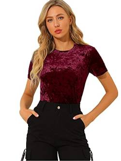 Allegra K Damen Samt T-Shirt Party Velvet Shirt Kurzarm Rundhals Elegant Samt Bluse Oberteil Burgund XS von Allegra K