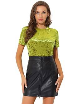 Allegra K Damen Samt T-Shirt Party Velvet Shirt Kurzarm Rundhals Elegant Samt Bluse Oberteil Gras Grün XS von Allegra K