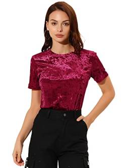 Allegra K Damen Samt T-Shirt Party Velvet Shirt Kurzarm Rundhals Elegant Samt Bluse Oberteil Rot XL von Allegra K