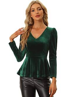 Allegra K Damen Samtbluse Langarm V-Ausschnitt Elegant Schößchen Velvet Top Bluse Grün S von Allegra K