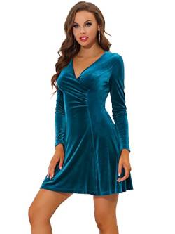 Allegra K Damen Samtkleid Langarm V-Ausschnitt Abendkleid Bodycon Wickelkleid Party Festlich Minikleid Dunkelblau XS von Allegra K