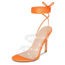 Allegra K Damen-Sandalen aus Satin mit Strass und transparentem Riemchen zum Schnüren und Stiletto-Absatz Orange 38 von Allegra K